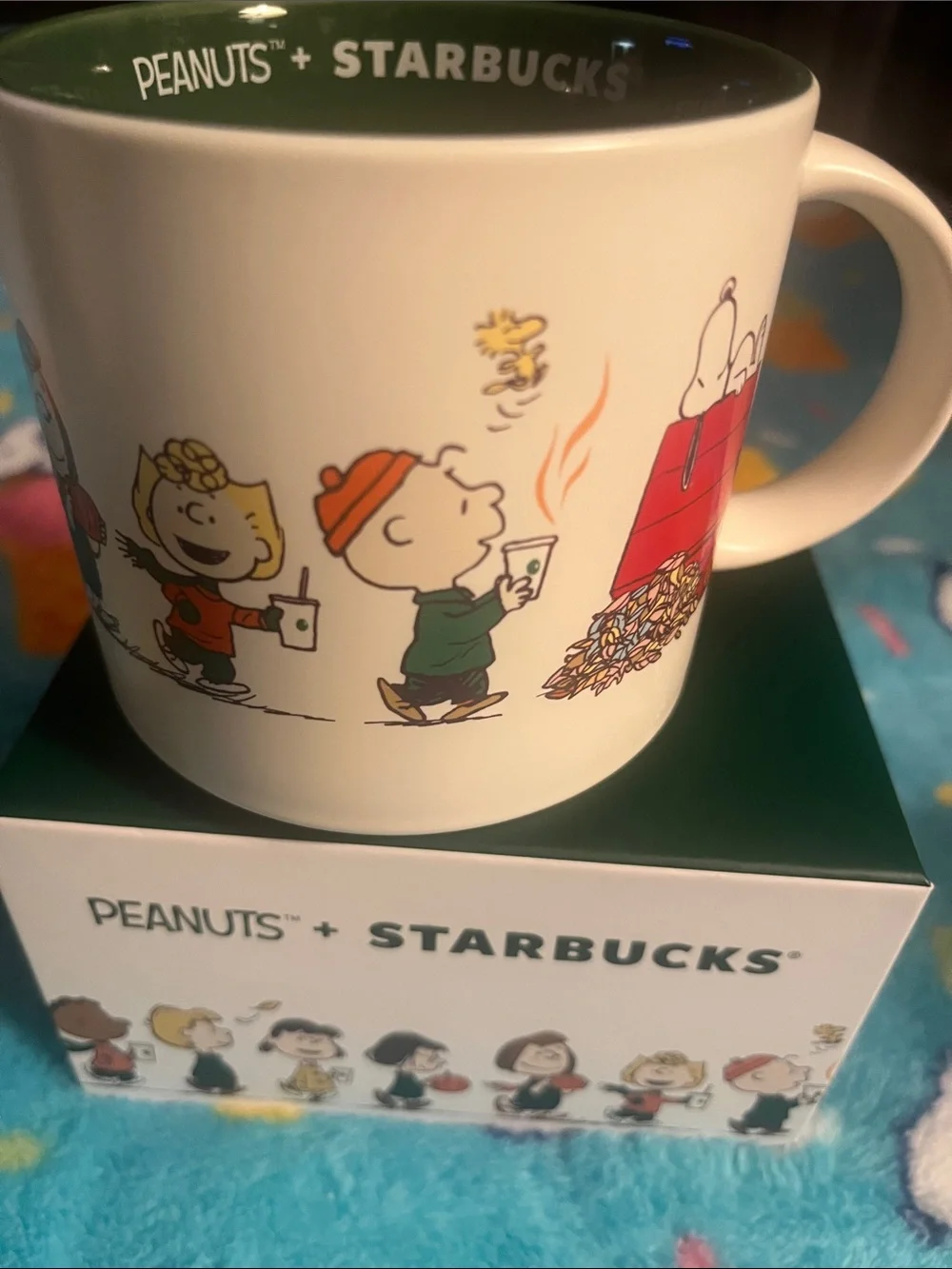 Peanuts Starbucks Kids Mug White with Green Interior and Multicolor Characters